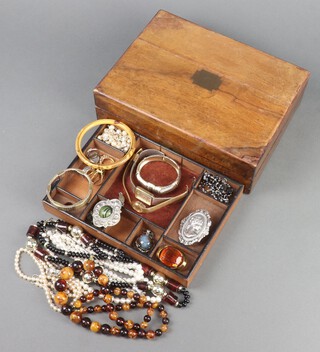 A Victorian mahogany trinket box containing minor costume jewellery and watches