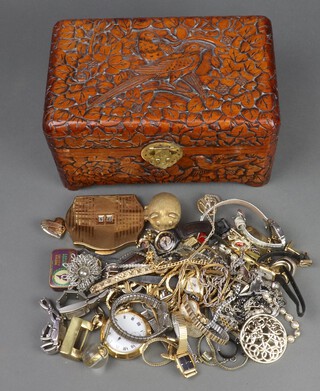 A Chinese carved hardwood trinket box containing minor vintage costume jewellery