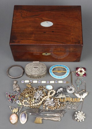 A Victorian mahogany workbox containing minor vintage costume jewellery