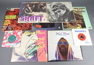 A collection of vinyl records to include Black Moses and Shaft - Isaac Hayes, Love you Live Rolling Stones, Scott - Scott Walker, Scene 65 - Compilation plus 2 45s Marakesh Express - CSN and Apache - Shadows