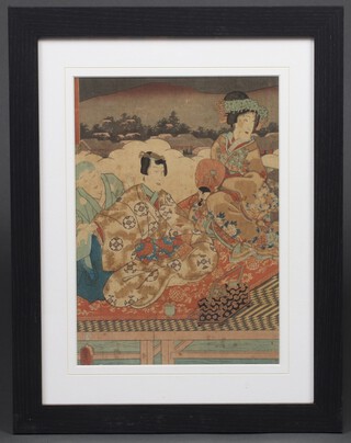 A pair of Chinese coloured prints of Geisha Girls contained in ebonised frames, 30cm x 21cm together with another pair in lacquered frames (4)