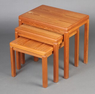 A mid-century Danish Vejle Stole Mobelfabrik rectangular nest of 3 teak coffee tables 48cm h x 51cm w x 37cmm d  (water marked) 