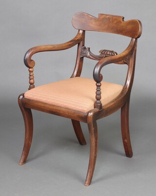 A 19th century mahogany bar back desk chair with carved mid rail and upholstered seat 85cm x 54cm x 44cm