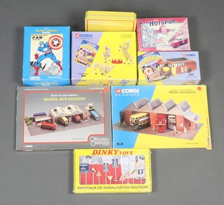 A Corgi classic Circus - Mary Chipperfield's Liberty Horses 3190, boxed, a ditto Ace Regal Living Quarters 97022, a Corgi model bus depot, a set of Corgi road signs etc, contained in a shallow box