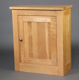 A light oak cabinet enclosed by panelled door 78cm h x 67cm w x 30cm d