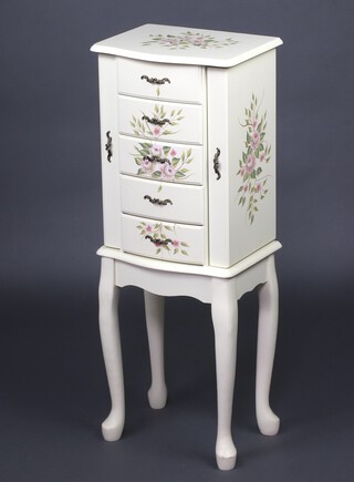 A white laminate pedestal jewellery cabinet fitted cabinets top the side and four long drawers 89cm h x 33cm w x 27cm d