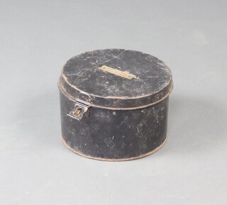 A circular metal military hat box marked Whitebread 18cm h x 26cm diam. 