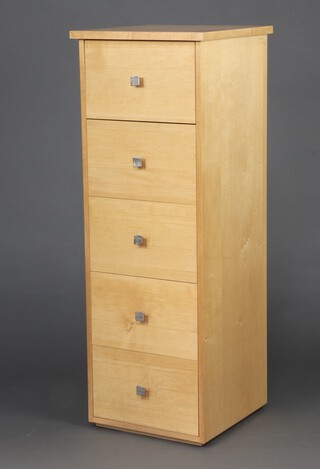 A maple finished pedestal chest of 5 drawers with square steel handles 137cm h x 50cm w x 50cm d 