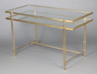 A rectangular gilt metal framed and glass 2 tier side table 79cm h x 132cm w x 8cm d