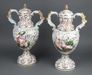 A pair of mid-century Italian 2 handled vases and covers with figures in landscapes 48cm  