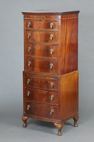 A Georgian style mahogany bow front chest on chest, the upper section with moulded cornice fitted 4 drawers, the base with brushing slide above 3 drawers, raised on cabriole supports 185cm h x 62cm w x 50cm d (contact marks in places)