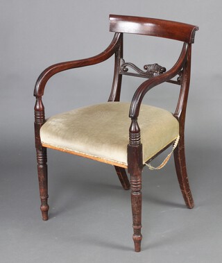 A Georgian mahogany bar back desk chair with carved mid rail and over stuffed seat 84cm h x 53cm w x 41cm d (old repair to back) 