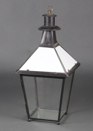 A 19th Century style square pressed metal and glass hanging lantern of waisted form 89cm h x 40cm x 40cm  