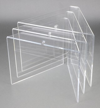 A nest of 3 triangular shaped perspex "Ghost" style coffee tables 50cm h x 57cm x w x 61cm d  