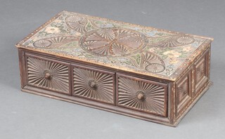 A rectangular carved Eastern hardwood table top chest of 3 drawers 13cm x 47cm x 25cm 