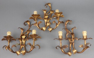 Three Italian wrought gilt metal twin light wall brackets 29cm h x 29cm w 