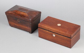 A Victorian rosewood tea caddy of sarcophagus form 11cm x  20cm x 12cm (interior removed) together with a 19th Century rectangular mahogany twin compartment tea caddy with mother of pearl inlay 10cm x 22cm x 11cm 