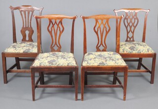 A harlequin set of 4 (3 matching and 1 other) mahogany Chippendale slat back dining chairs with pierced vase shaped slat backs and upholstered drop in seats, raised on square supports 92cm h x 53m w x 54cm d (seats 23cm x 28cm) 