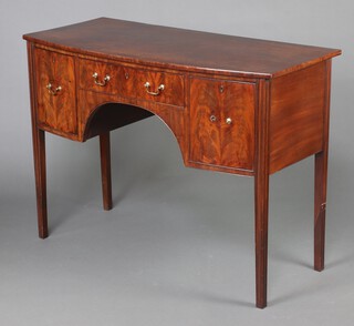 A 19th Century mahogany bow front sideboard fitted 1 long and 2 short drawers, raised on square tapered supports 91cm h x 125cm w x 57cm d 