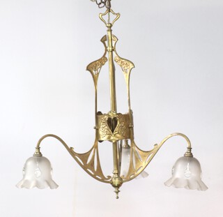 An Art Nouveau gilt metal 3 light electrolier with glass shades 61cm x 62cm 