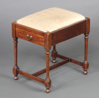 An Edwardian rectangular mahogany piano stool, the base fitted a sheet music drawer with fall front, raised on turned supports with H framed stretcher 50cm h x 50cm w x 40cm d 