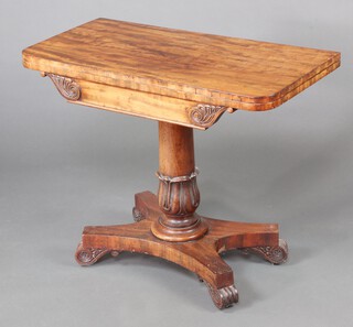 A William IV mahogany card table, raised on a turned column with triform base 74cm h x 91cm w x 45cm d 