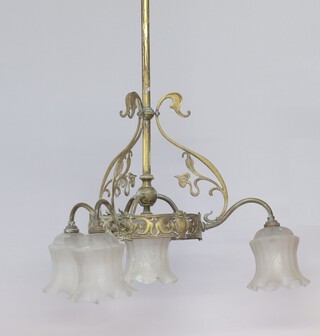 An Art Nouveau pierced gilt metal 5 light electrolier with trumpet light shades 100cm h x 51cm w 