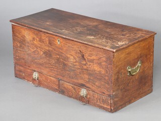 An 18th Century elm mule chest with hinged lid, the base fitted 2 drawers with replacement lion mask drop handles, 48cm h x 107cm w x 48cm d  