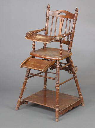 A child's Victorian turned beech metamorphic high chair 103cm h x 40cm w x 51cm d  