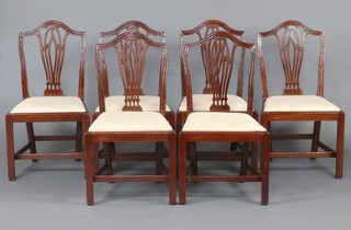 A set of 6 Hepplewhite style camel back dining chairs with upholstered drop in seats, raised on square tapered supports 88cm h x 52cm w x 39cm d (seats 30cm x 27cm) 