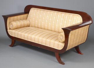 A Biedermeier style walnut framed drawing room suite comprising sofa 94cm h x 206cm w x 74cm d (seat 140cm x 40cm), 2 matching armchairs 86cm x 66cm x 64cm (seat 32cm x 34cm)  and 4 bar back standard chairs  84cm h x 43cm w x 41cm d (seats 20cm x 27cm) 