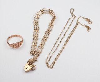 A 9ct yellow gold gate bracelet 18cm, a 9ct yellow gold broken necklace 42cm and a ditto ring size O, 7.6 grams 