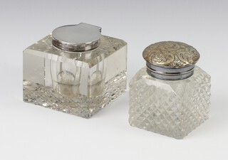 A silver mounted cut glass square ink well Birmingham 1934, 6cm, a plated ditto (both with minor chips) 