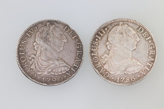 Two Spanish silver 8 real pieces (pieces of 8) Charles III 1786 and Charles IV 1790 