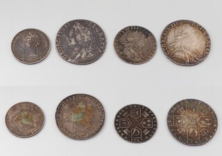 A George II silver shilling 1758, a George III silver shilling 1787, a George III sixpence 1787 and a George IV sixpence 1821 