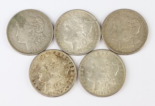 Five US Morgan silver dollars all dated 1921, weights 26.70g, 26.73g, 26.74g x 2, 26.77g