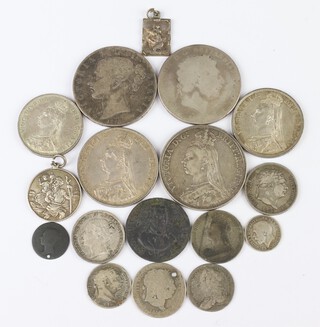 A collection of Victorian and earlier silver coinage to include an 1845 young head Victoria crown, Jubilee bust double florin 1887, a Jubilee bust half crown 1887, an 1890 Jubilee bust crown, an 1887 Silver Jubilee bust florin, an 1862 three pence (pierced), an 1885 shilling, an 1893 shilling (very worn),  a George III 1820 shilling, and 1818 shilling (pierced and very worn),  an 1820 sixpence, a crown (very worn), a George II sixpence 1757, George V three pence, a copper London and Middlesex Halfpenny token together with 2 foreign silver charms 176.1 grams 