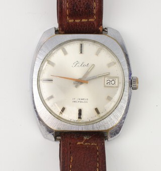 A gentleman's steel cased Pilot calendar wristwatch contained in a 35mm case marked 3088, on a leather strap, in working order 