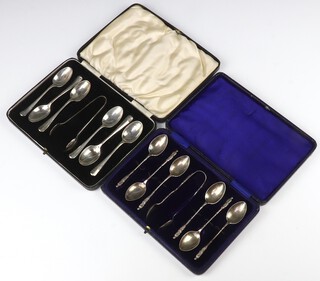 A cased set of 6 silver apostle spoons and sugar nips Birmingham 1913, a cased set of 6 rat tail teaspoons and nips Sheffield 1938, 200 grams 