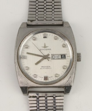 A gentleman's steel cased German Dugena Monza automatic day/date wristwatch contained in a 33mm case, the case marked 52/72, on a later bracelet, in working order