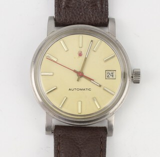 A gentleman's steel cased automatic calendar wristwatch, the case numbered 43502 445023, the movement marked M2734, on a leather strap, in working order 