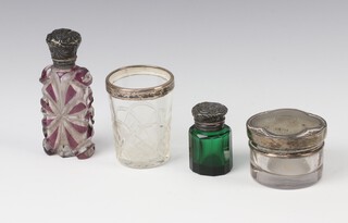 A silver mounted toilet jar Birmingham 1923, a ditto vase and 2 scents 