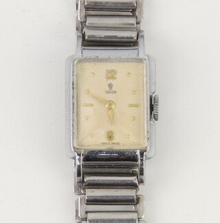 A lady's Art Deco steel cased Tudor wristwatch in a 15mm case on a steel bracelet with original box, in working order 