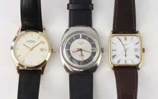 A gentleman's steel cased Rotary automatic calendar wristwatch contained in a 32mm case, in working order, a gilt quartz calendar ditto 28mm and a gilt calendar ditto 32mm in working order 