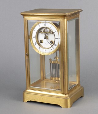 A 19th Century striking 4 glass clock, the 9cm enamelled dial with visible escapement marked Haymarc Paris with twin mercurial pendulum contained in a gilt case, complete with key,  29cm h x 16cm w x 13cm d 