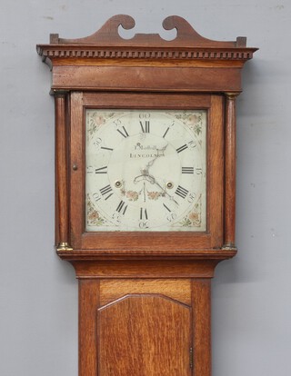 An 18th/19th Century longcase clock, the 31cm painted dial marked T Marfhall of Lincoln, striking on bell, complete with pendulum, weights and key, contained in an oak case 201cm h x 45cm w x 23cm d 