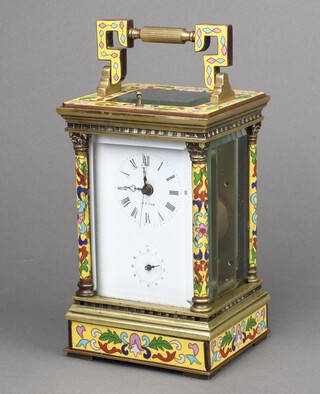 A 20th Century carriage alarm clock, the 7cm dial with Roman numerals, alarm dial and sweep second hand, marked DM GER, contained in a yellow cloisonne case 16cm h x 10cm w x 9cm d 