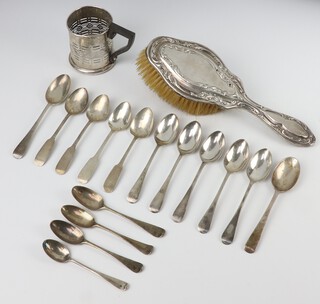 A silver cup holder with wooden handle, minor teaspoons 196 grams and a hair brush 