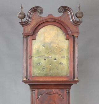 James Gray of Edinburgh, an 18th Century 8 day striking longcase clock with 30cm engraved arched brass dial, subsidiary second hand, calendar aperture, contained in a mahogany case 211cm h x 46cm w x 24cm d, complete with pendulum, weights and key 