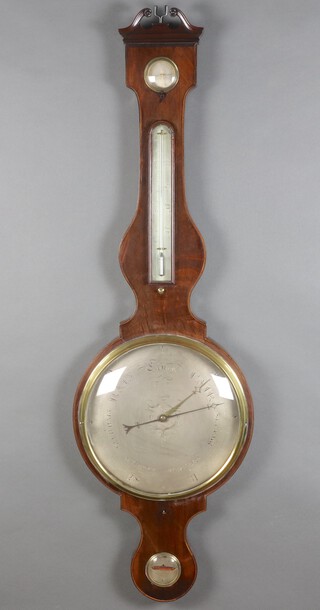 G Baneci of Ipswich, an 18th Century mercury wheel barometer and thermometer with 30cm silvered dial, damp/dry indicator, thermometer and spirit level, contained in an inlaid mahogany case 